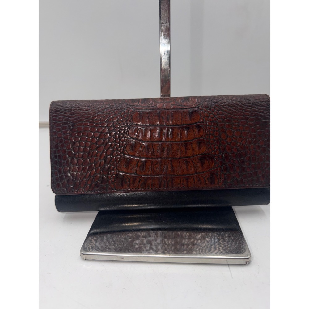 Brahmin Vintage Trifold Wallet Black Leather Brown Crocodile Embossed Snap